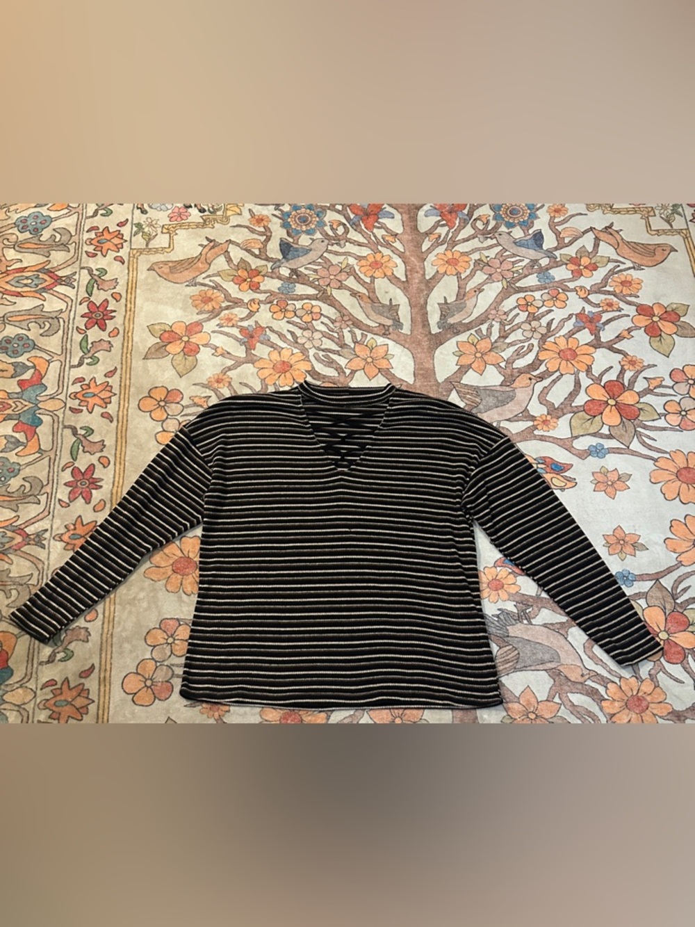 Gilded Intent Black and Cream Striped V-Neck Knit Top